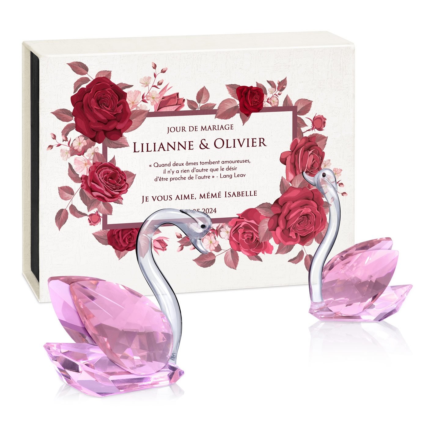 Cygnos de cristal Murrano en caja con personalización para una pareja casada por una abuela