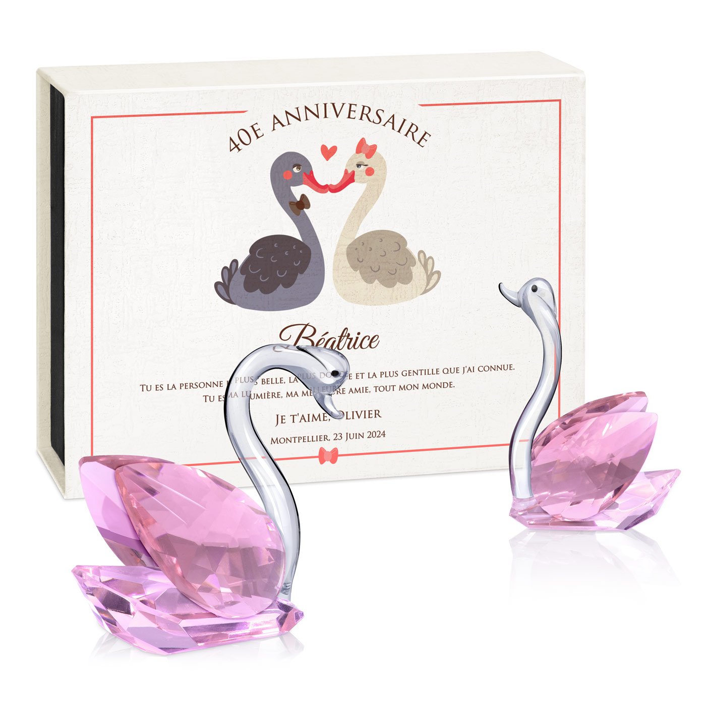 Cygnes en cristal Murrano dans une boîte avec personnalisation pour un anniversaire de 40 ans d'une femme