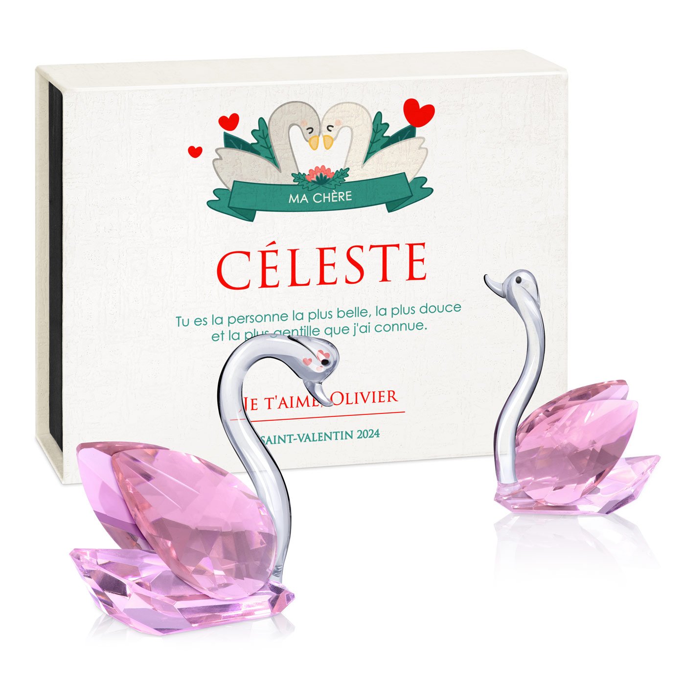 Cygnos de cristal Murrano en caja personalizada para una prometida en el Día de San Valentín