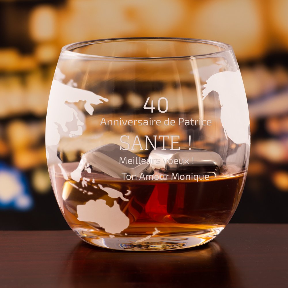 Decantador de whisky Murrano en forma de globo con 2 vasos personalizados para el cumpleaños número 40 de un hombre