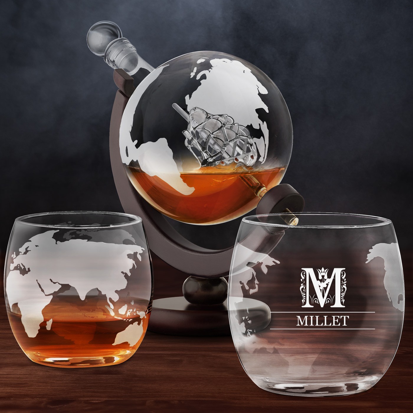 Decantador de whisky Murrano en forma de globo con 2 vasos personalizados para el cumpleaños de un hombre