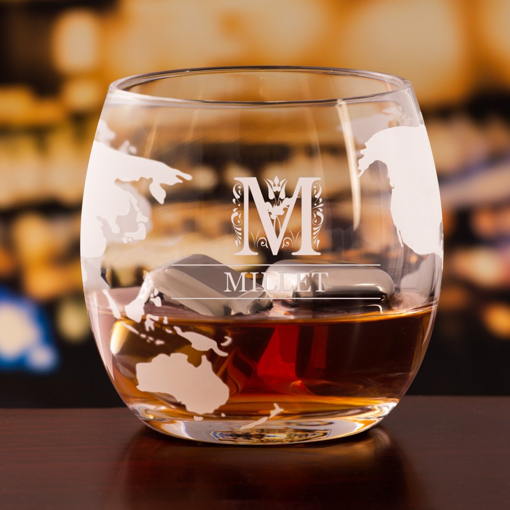 Decantador de whisky Murrano en forma de globo con 2 vasos personalizados para el cumpleaños de un hombre