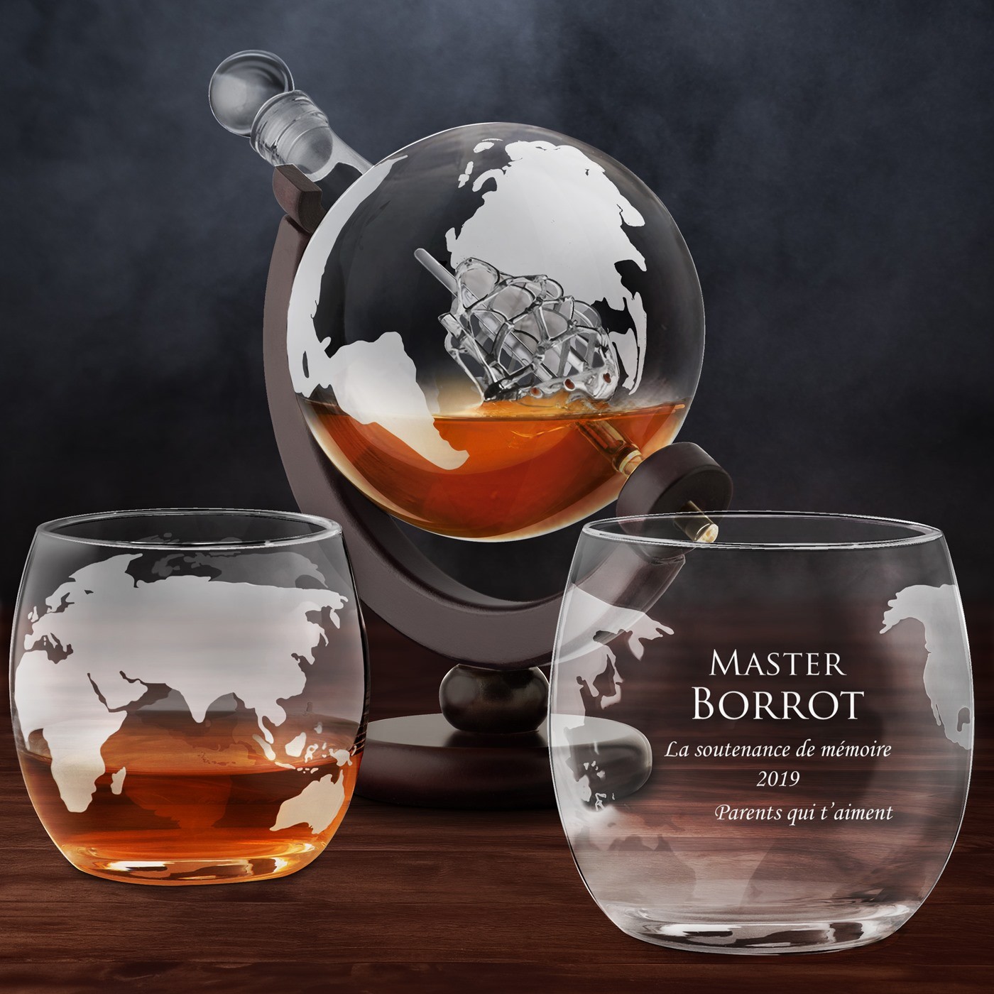 Decantador de whisky Murrano en forma de globo con 2 vasos personalizados para graduados