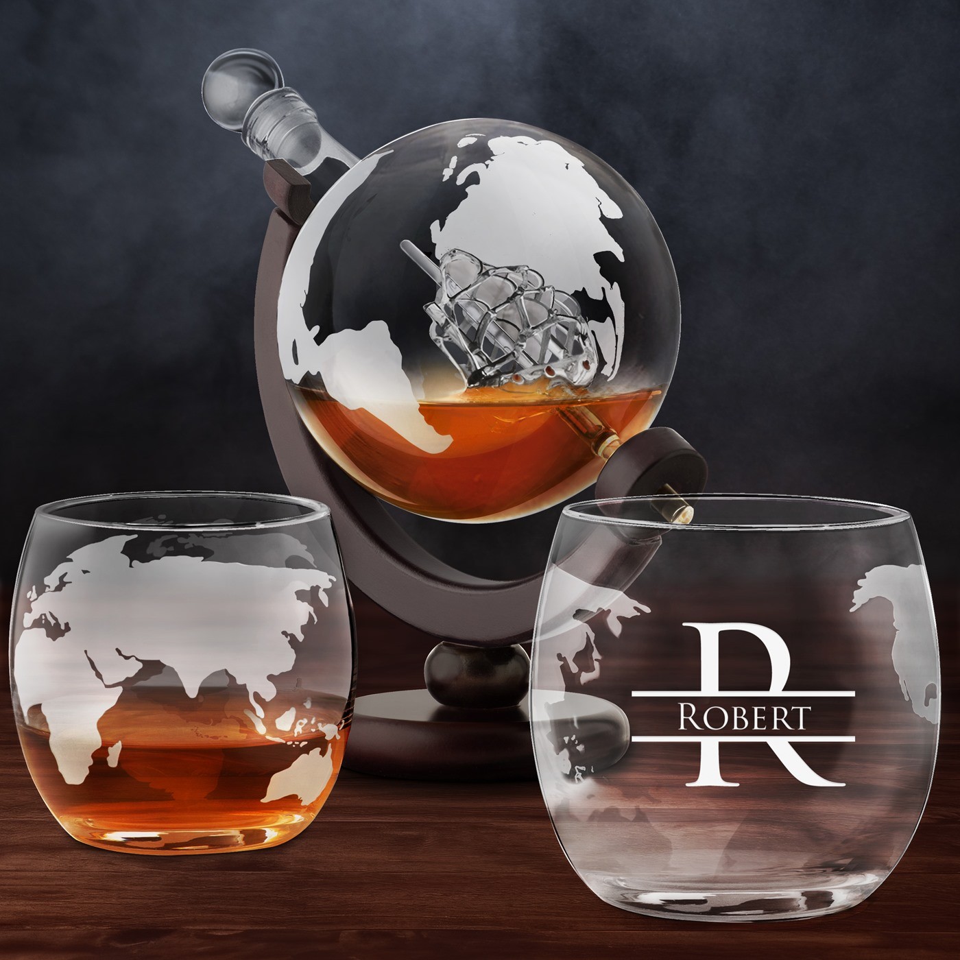 Jarra de whisky Murrano Globo con 2 vasos personalizados para el cumpleaños de un amigo