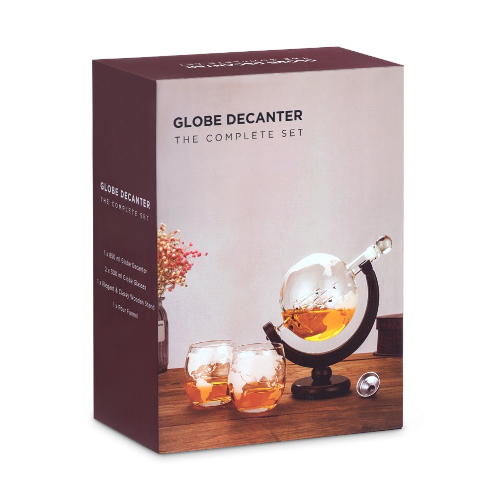 Decantador de whisky en forma de globo Murrano con 2 vasos personalizados para el cumpleaños número 50 de un hombre