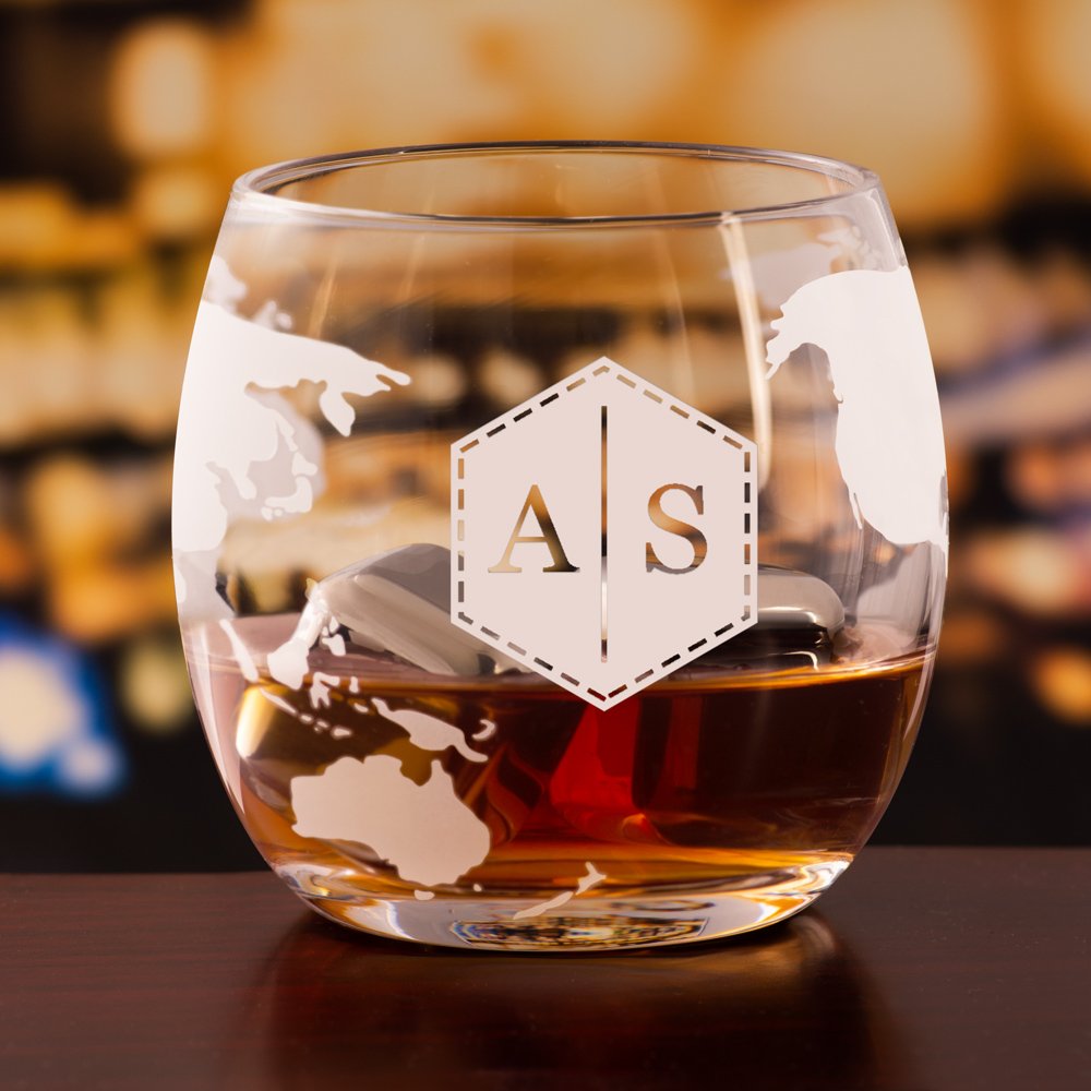 Decantador de whisky Murrano Globo con vasos grabados personalizados para una pareja - Iniciales grabadas