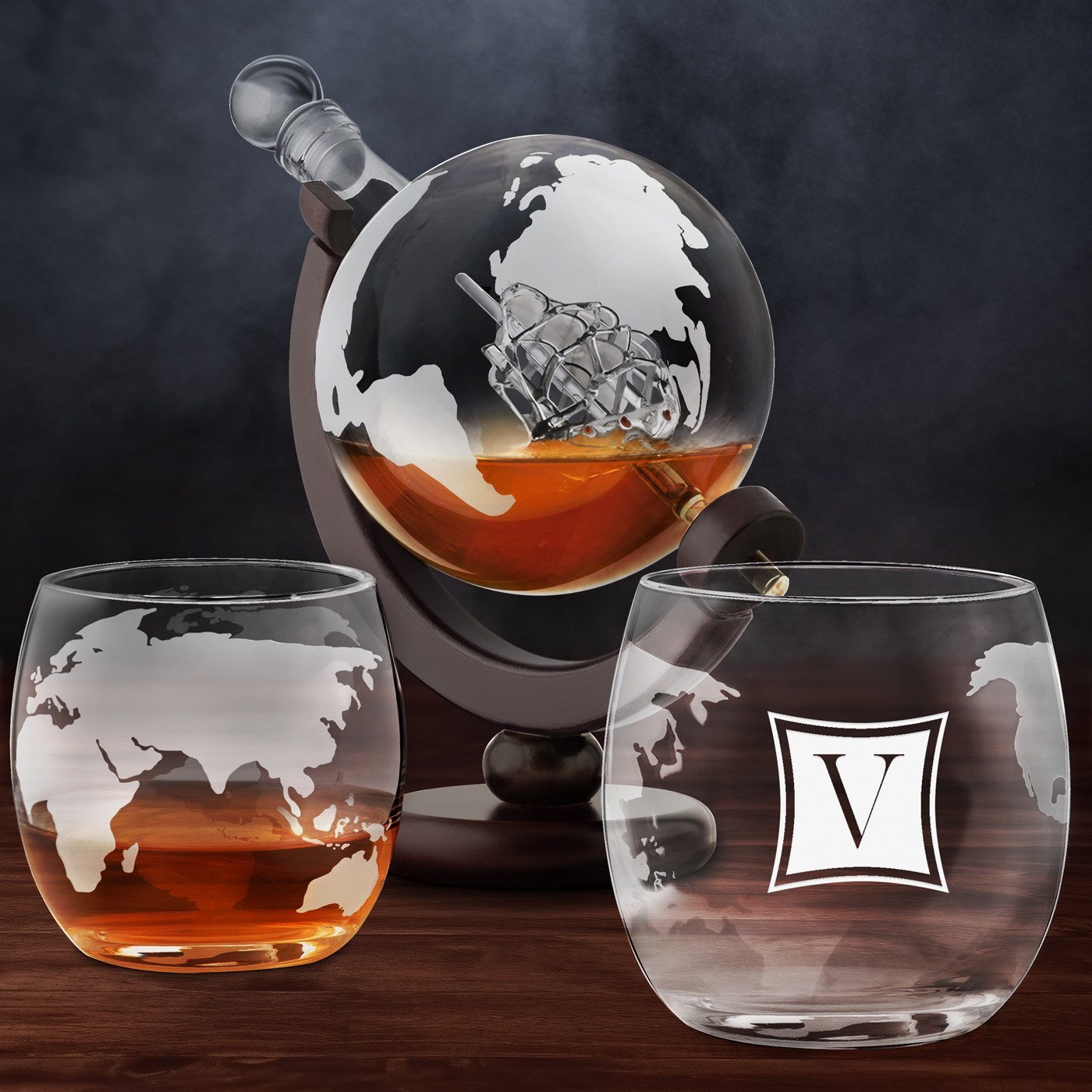 Jarra de whisky Murrano en forma de globo con 2 vasos personalizados para entusiastas del whisky