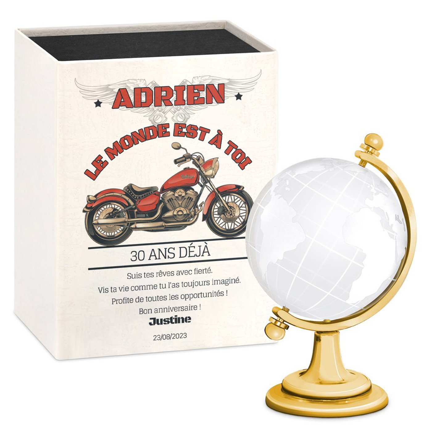 Globos de vidrio Murrano - Estuche personalizado para el cumpleaños número 30 de un amante de las motocicletas