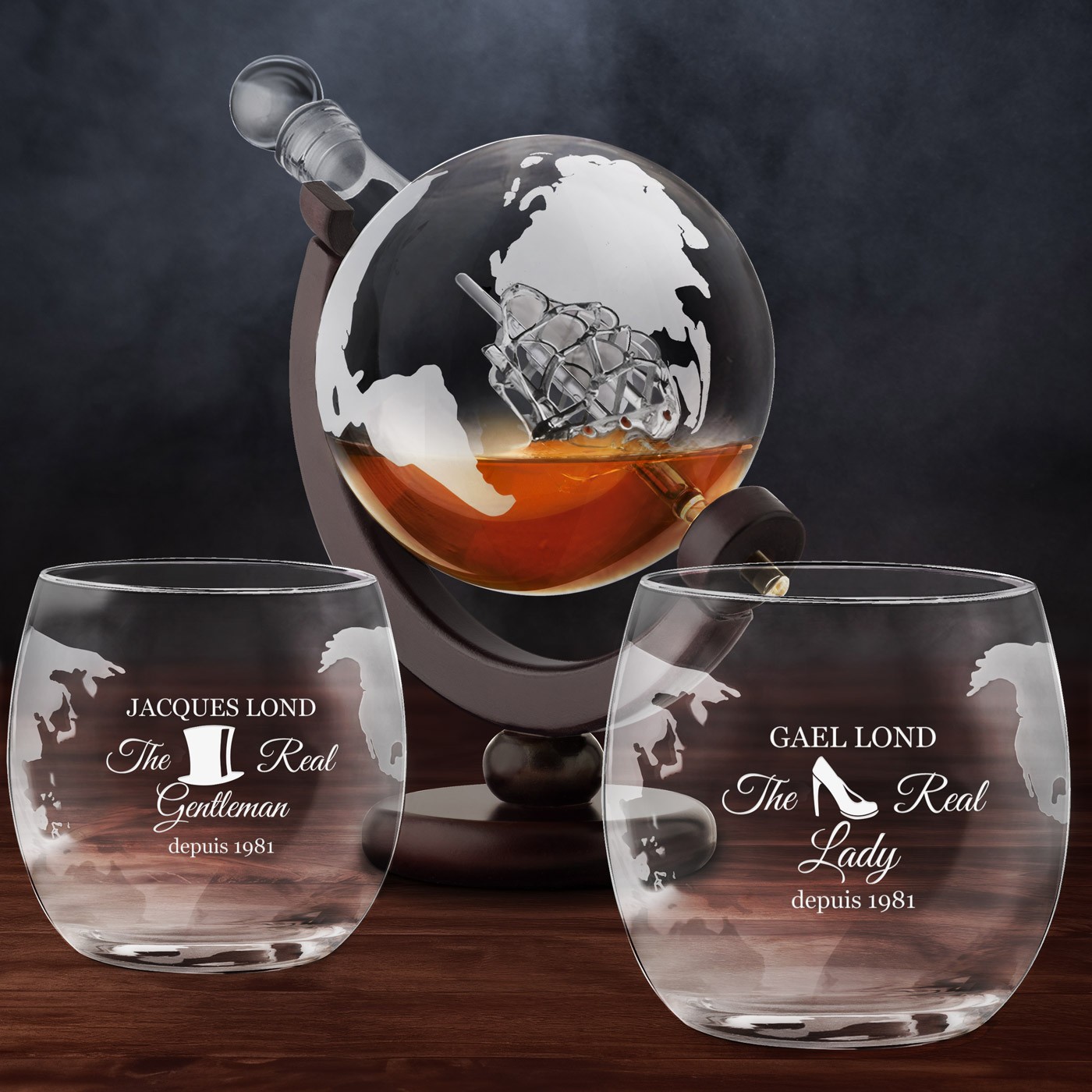 Decantador de whisky Murrano en forma de globo con barco y 2 vasos personalizados