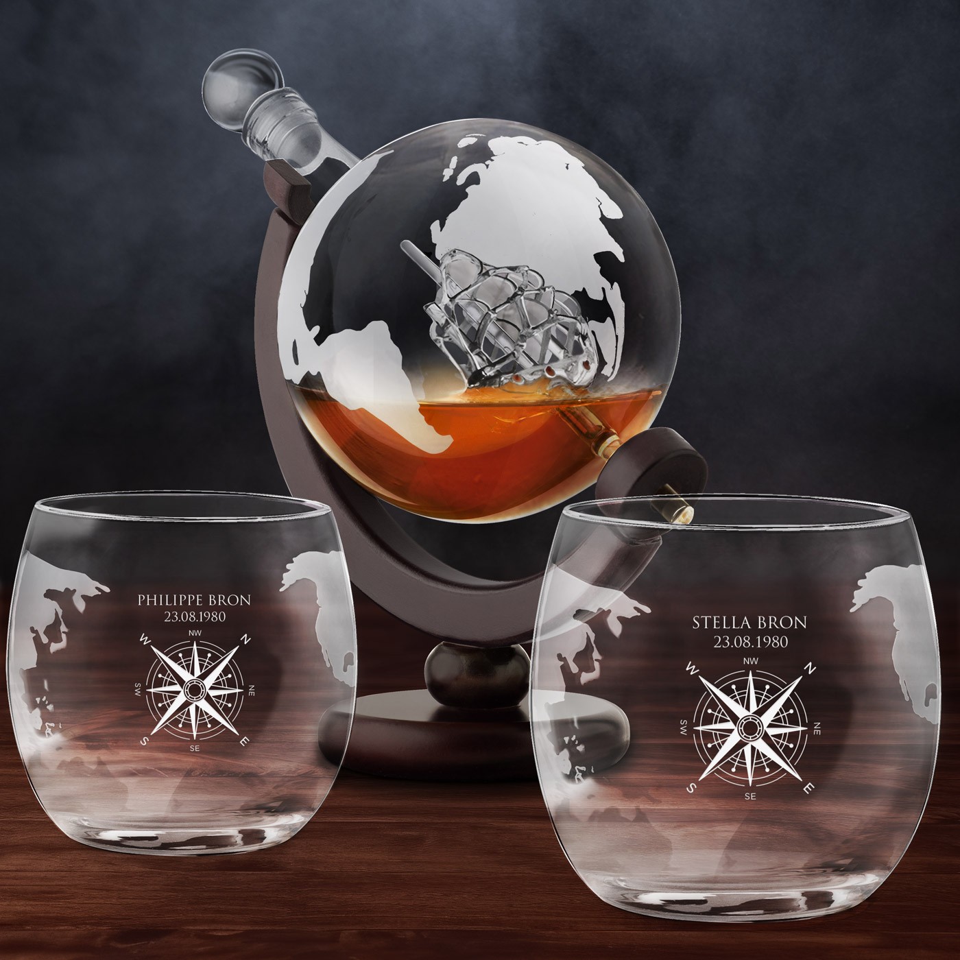 Decantador de whisky Murrano en forma de globo con barco y 2 vasos personalizados para una pareja