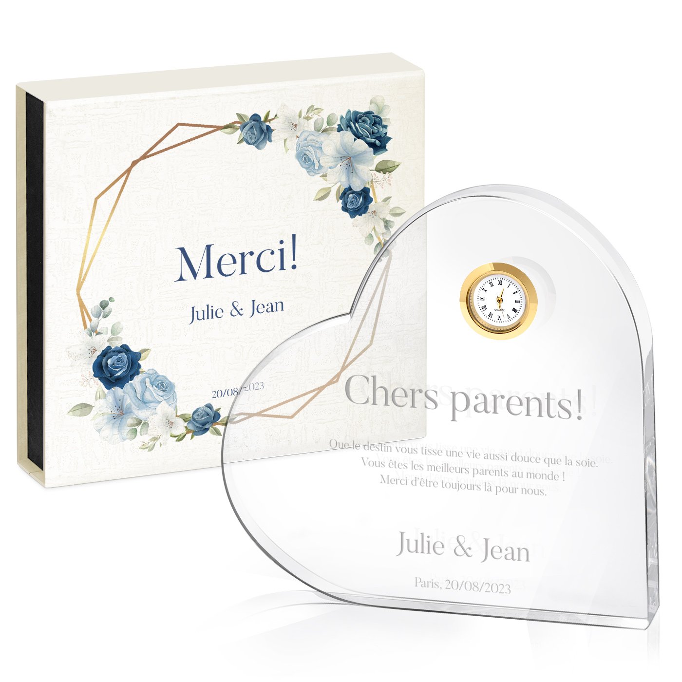 Corazón de cristal Murrano con reloj y grabado en caja personalizada para padres, agradecimiento de boda