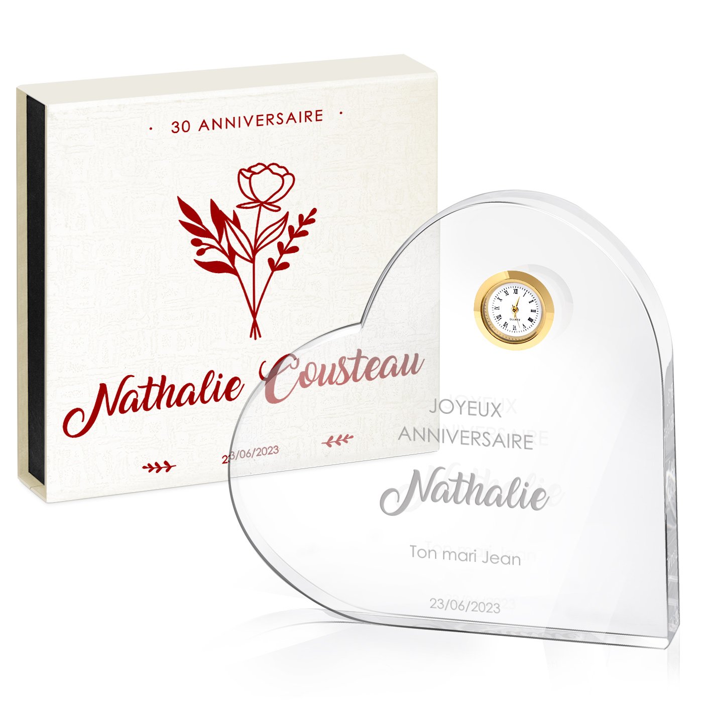 Corazón de cristal Murrano con reloj en caja personalizada para mujeres y madres