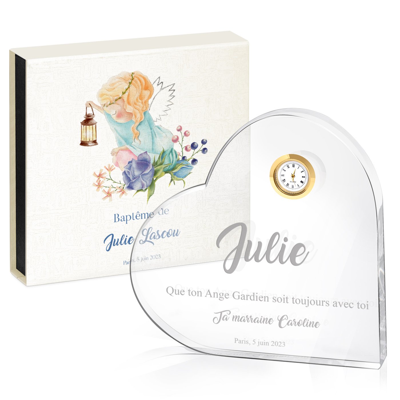Cœur en cristal Murrano avec montre dans boite personnalisée pour fille baptême