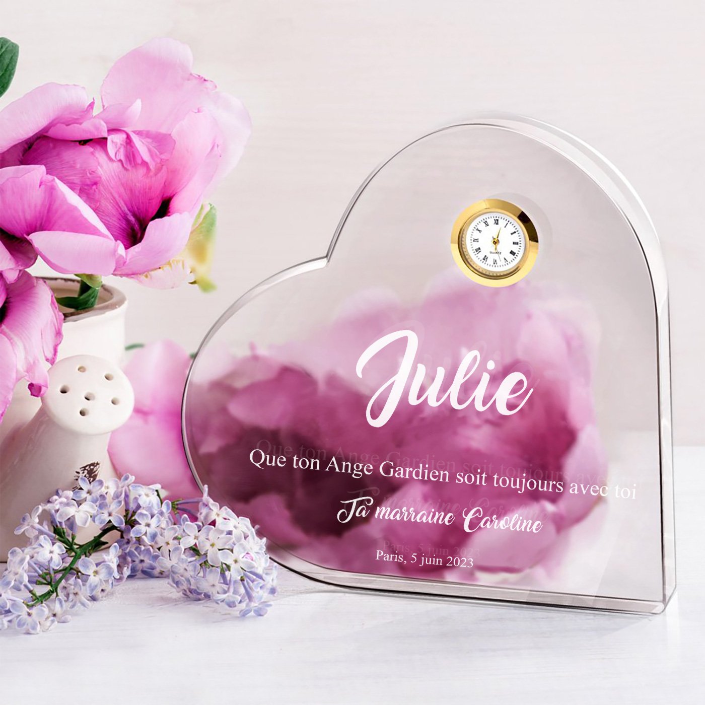 Cœur en cristal Murrano avec montre dans boite personnalisée pour fille baptême