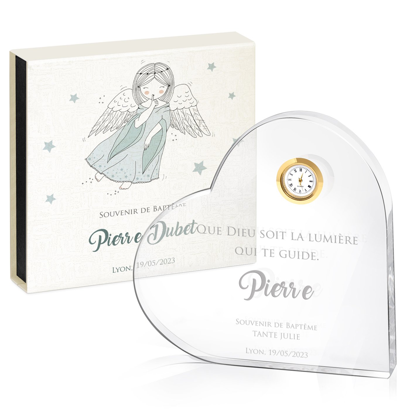 Corazón de cristal Murrano con reloj en caja personalizada para el bautizo de un niño
