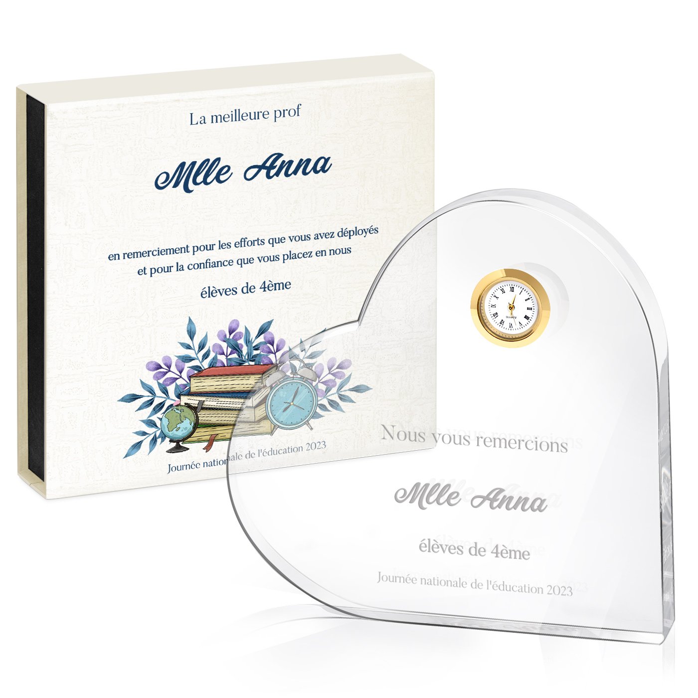 Cœur en cristal Murrano avec montre et coffret personnalisé pour enseignant