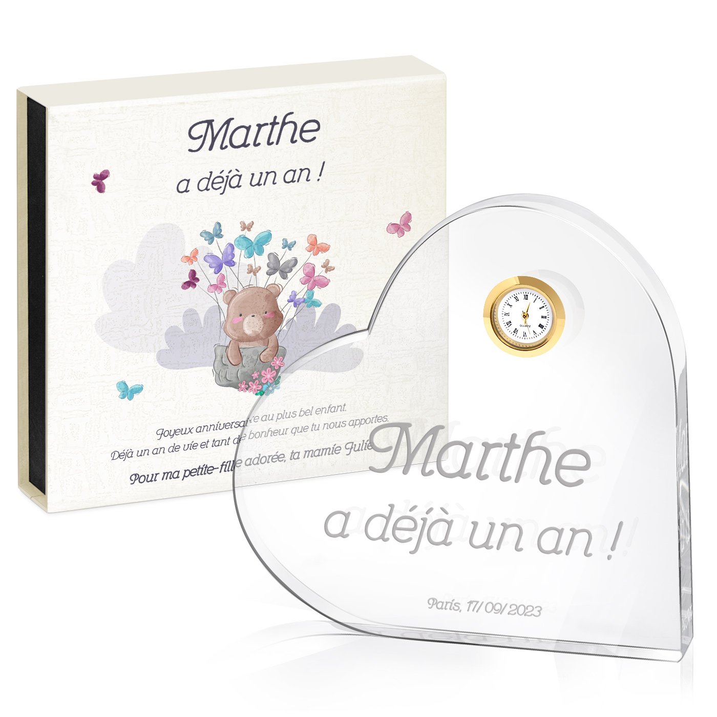 Murrano Crystal Heart with Watch and Personalized Box for 1st Birthday Girl