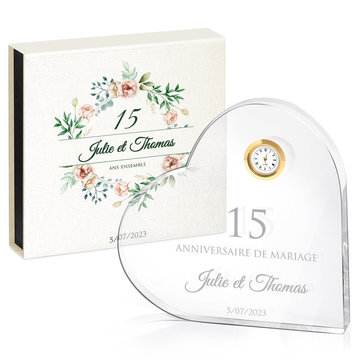 Corazón de cristal Murrano con reloj y caja personalizada para pareja aniversario de bodas 18 años