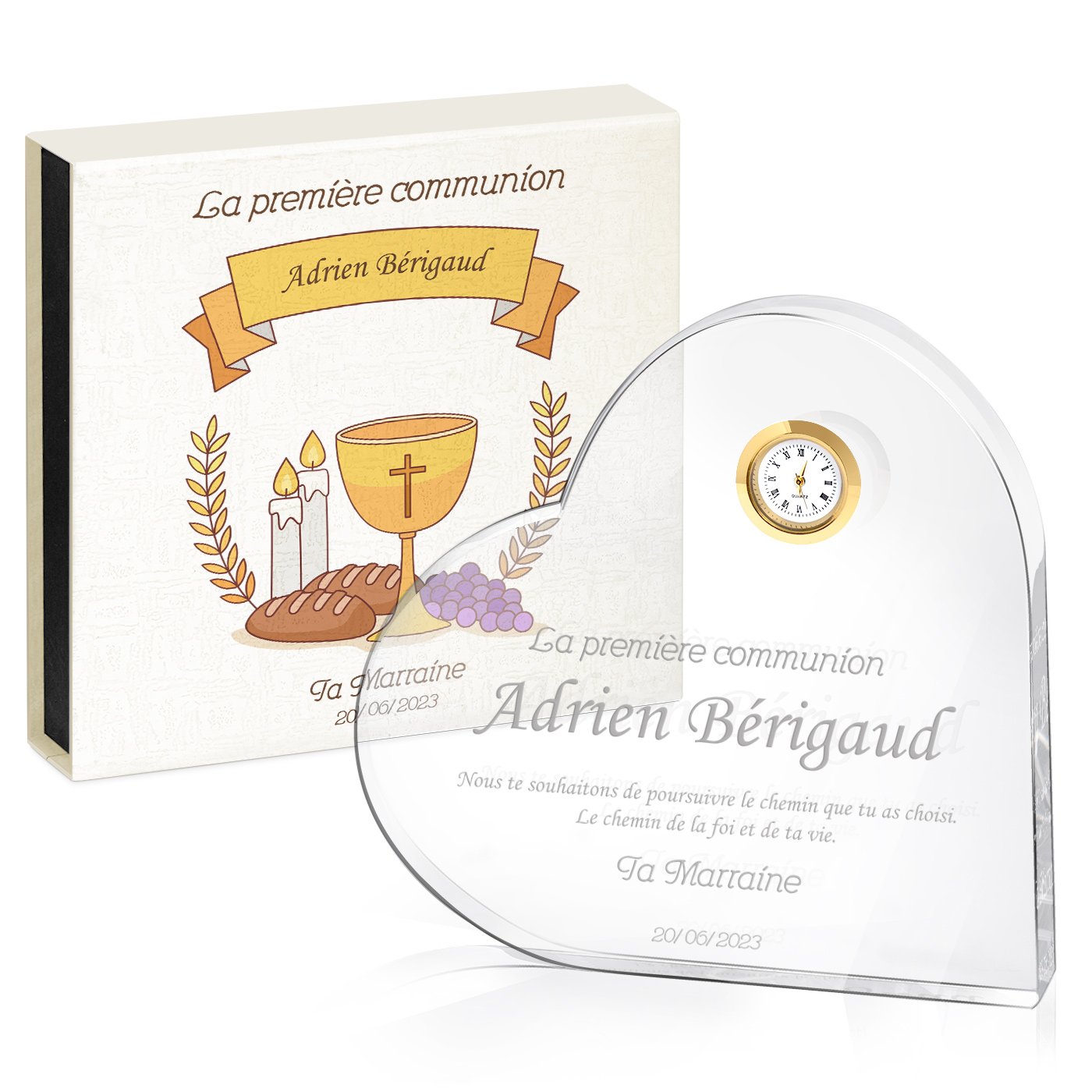 Cœur en cristal Murrano avec montre dans boîte personnalisée - Cadeau pour garçon/fils/communion