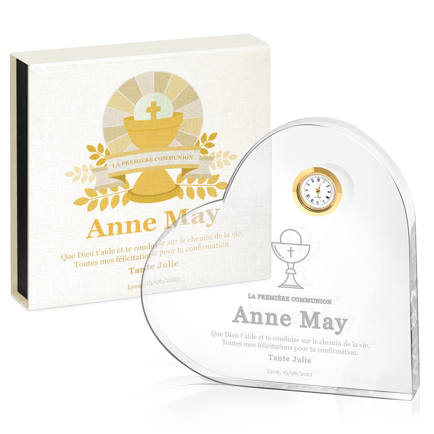 Murrano Crystal Heart with Watch in Personalized Box - Communion Girl Memorial