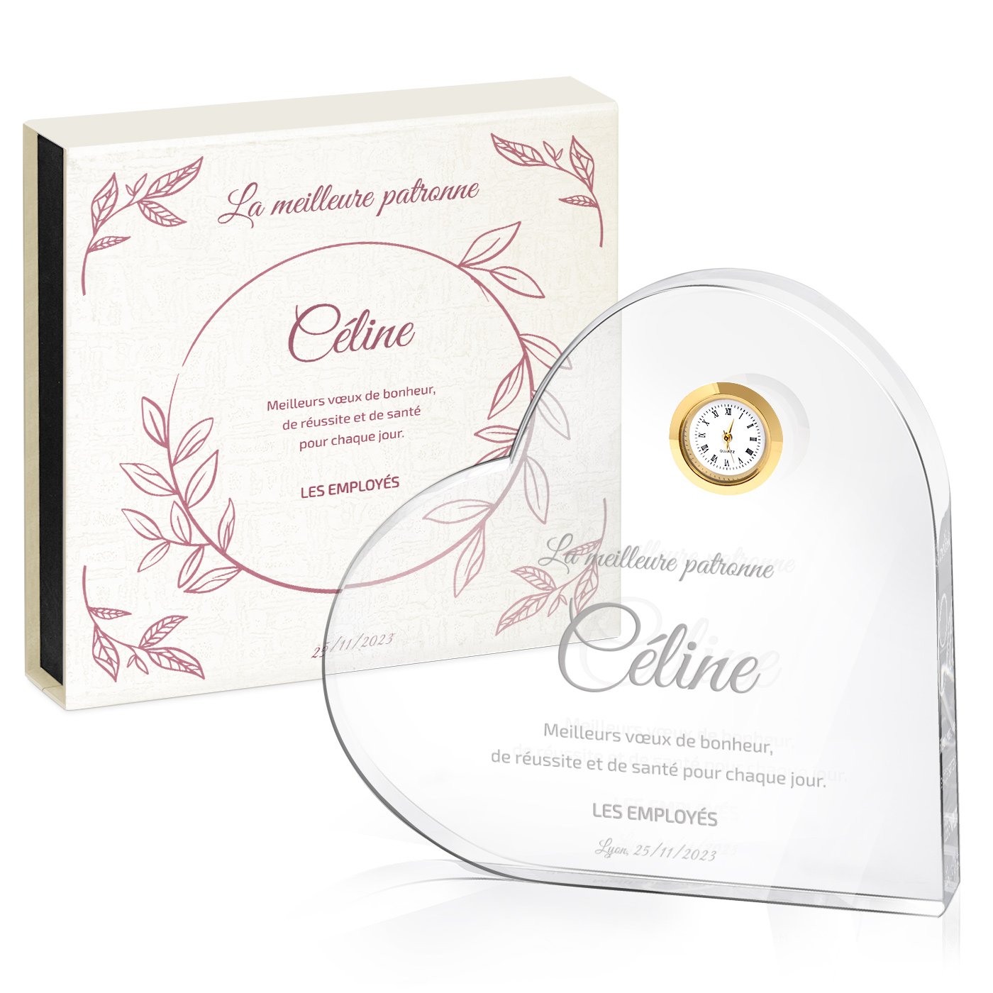 Corazón de cristal Murrano con reloj en caja personalizada para gerente directiva