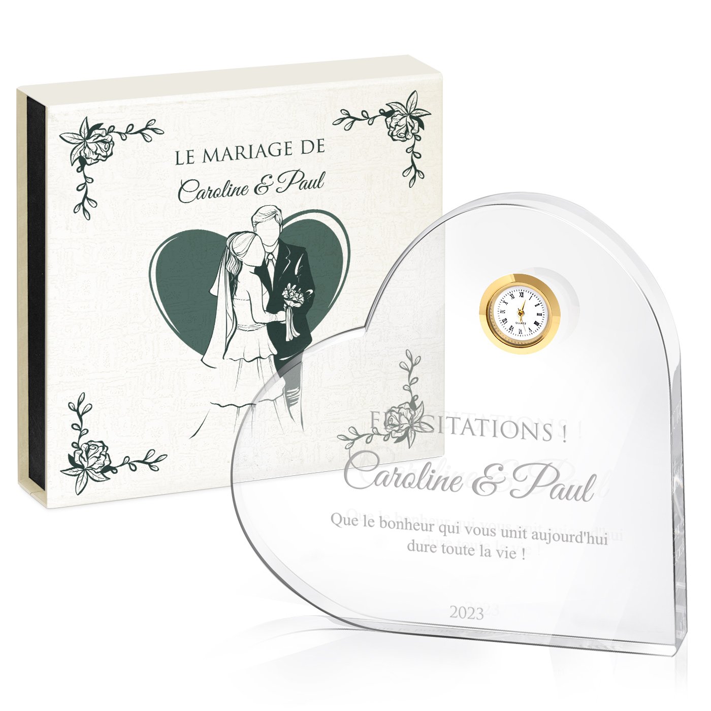 Cœur en cristal Murrano avec montre et coffret personnalisé gravé pour un couple - Souvenir de mariage
