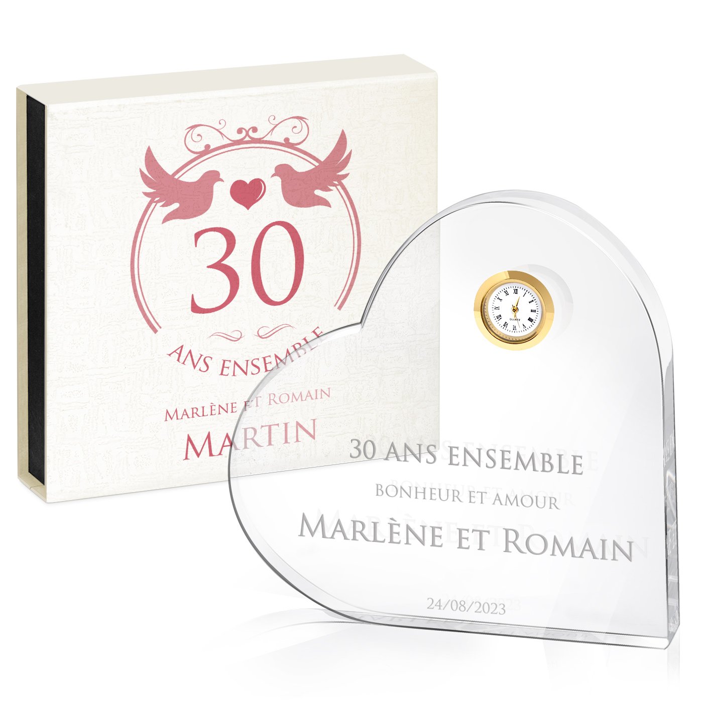 Cœur en cristal Murrano avec montre et coffret personnalisé pour un couple fêtant leurs 30 ans de mariage