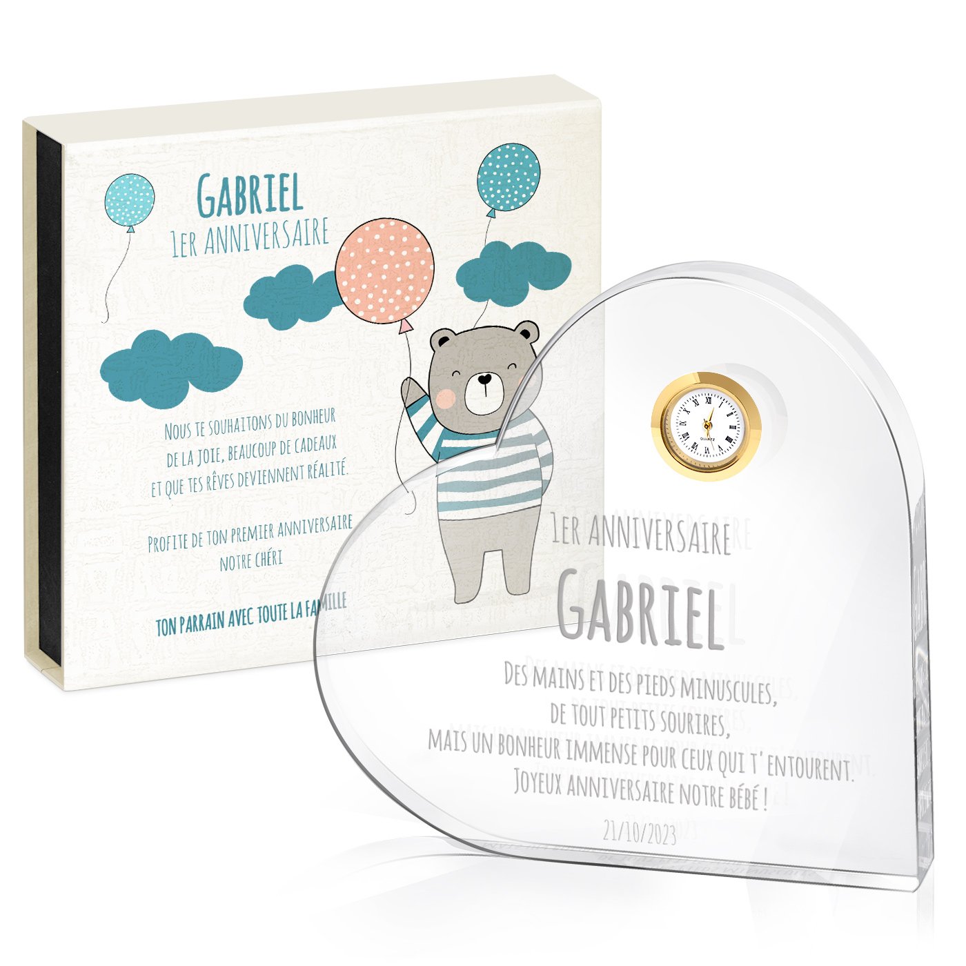 Cœur en cristal Murrano avec montre dans coffret personnalisé pour garçon de 1 an