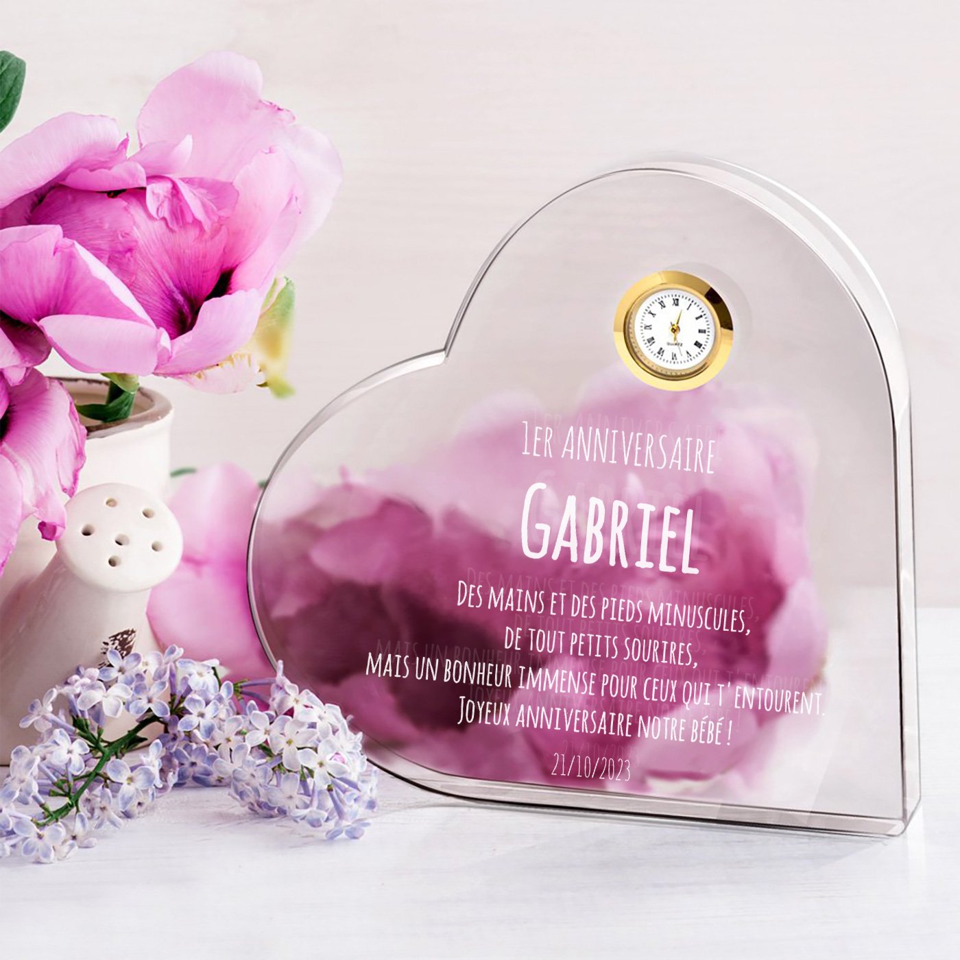 Corazón de cristal Murrano con reloj en caja personalizada para niño de 1 año