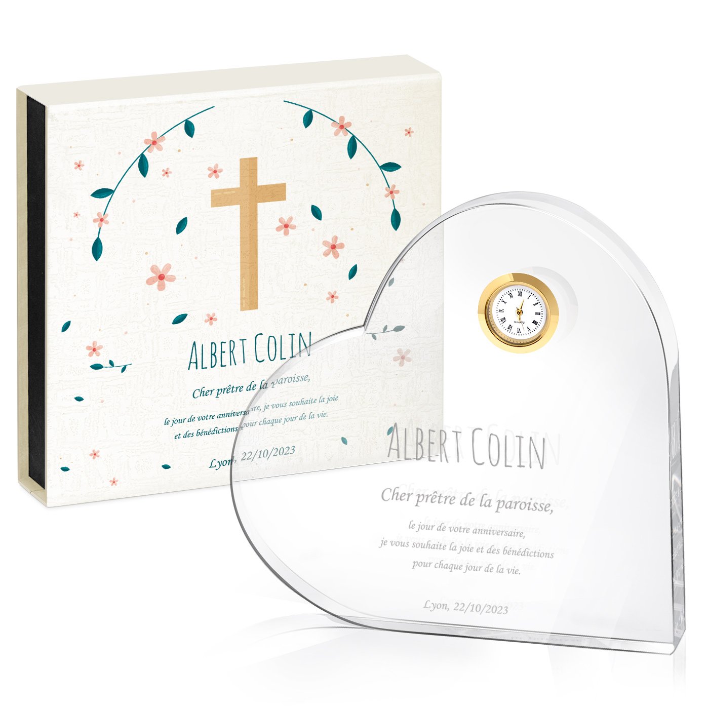 Cœur en cristal Murrano avec montre et coffret personnalisé pour l'anniversaire d'un pasteur
