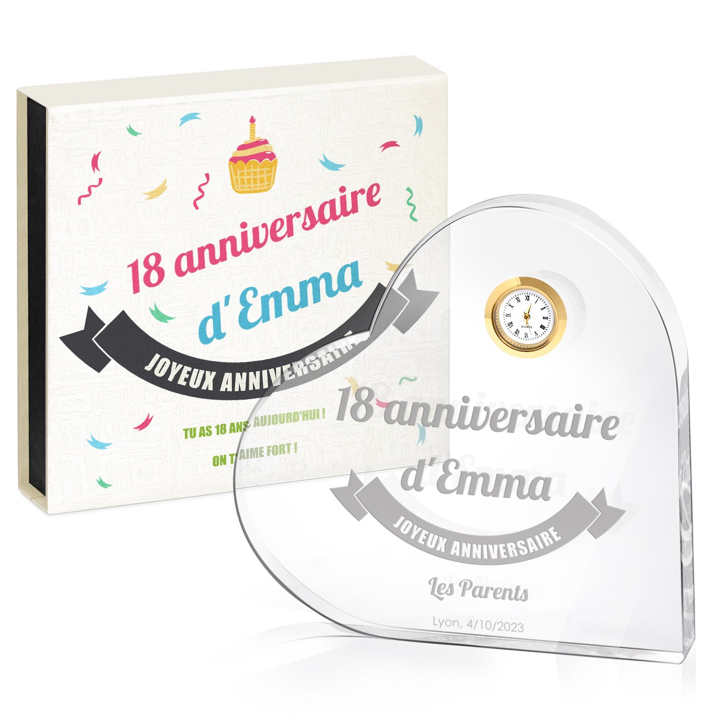 Corazón de cristal Murrano con reloj en caja personalizada para ella, 18 años