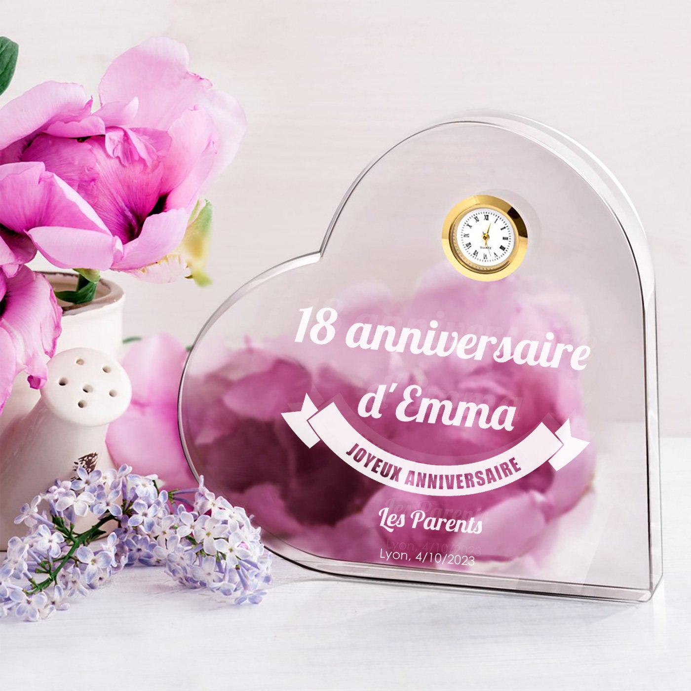 Corazón de cristal Murrano con reloj en caja personalizada para ella, 18 años