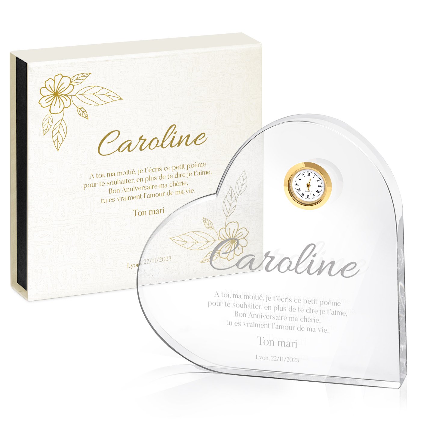 Cœur en cristal Murrano avec montre et étui personnalisé pour femme - Cadeau d'anniversaire de mariage