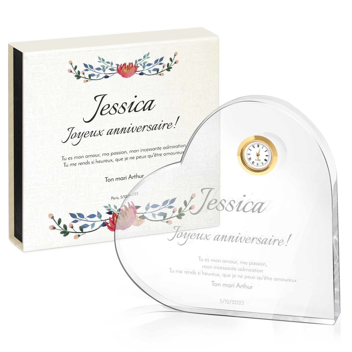 Corazón de cristal Murrano con reloj en estuche personalizado para el aniversario de una mujer