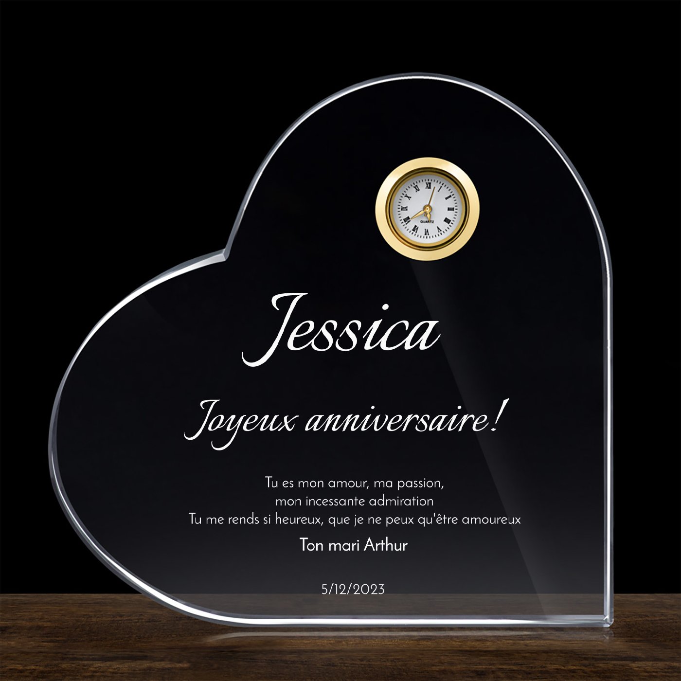 Cœur en cristal Murrano avec montre dans boîte personnalisée pour anniversaire d'une femme