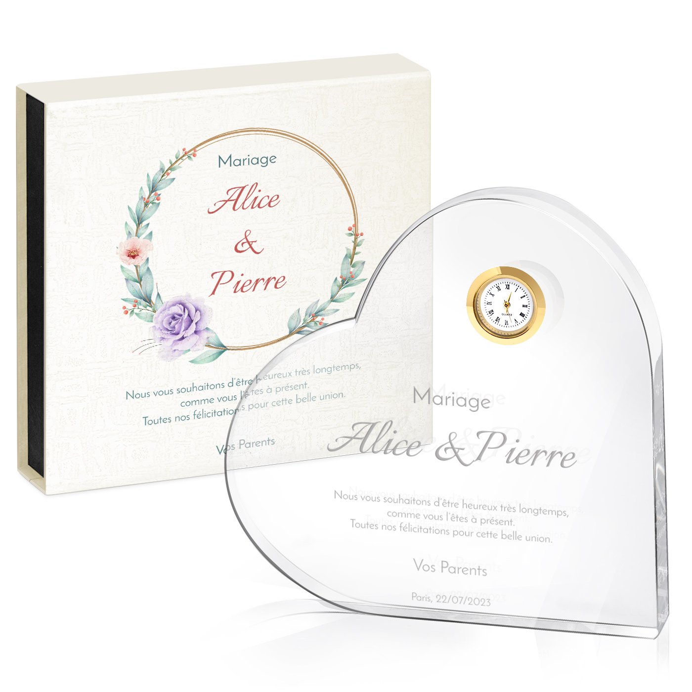 Recuerdo de boda para pareja: corazón de cristal con reloj y estuche personalizado