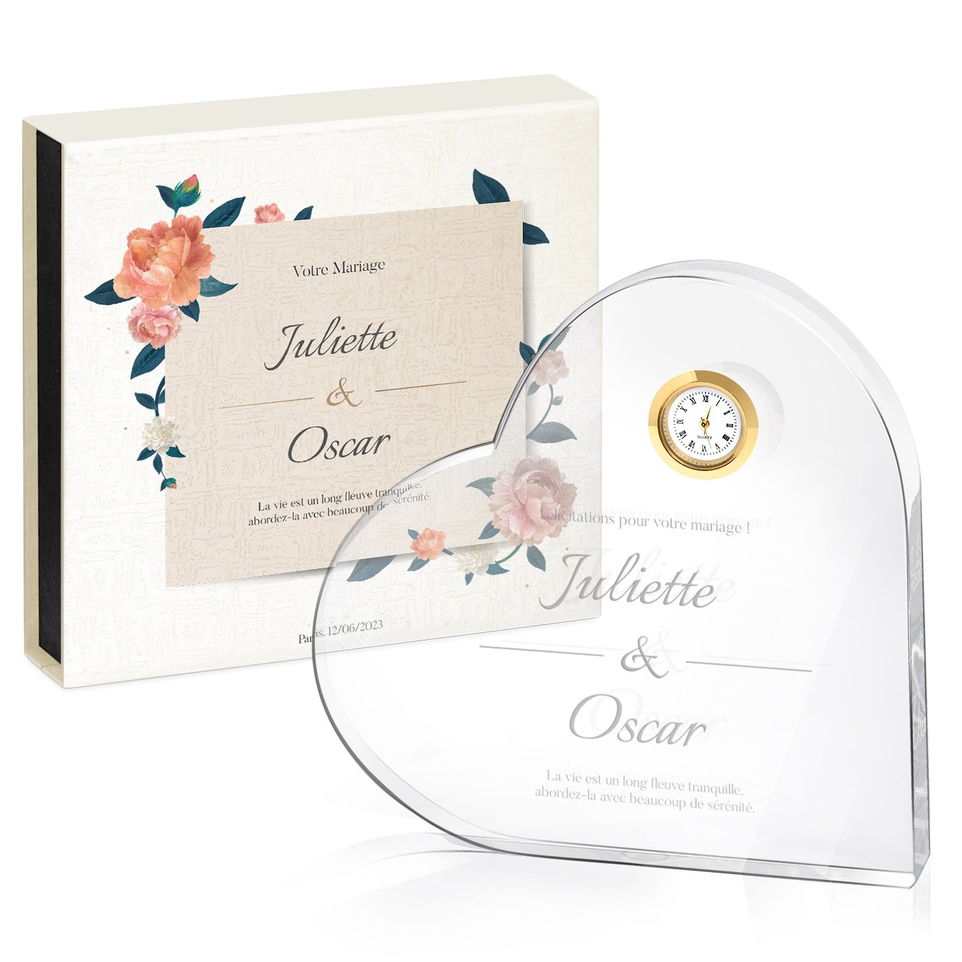 Corazón de cristal Murrano con reloj y caja personalizada para amigos boda