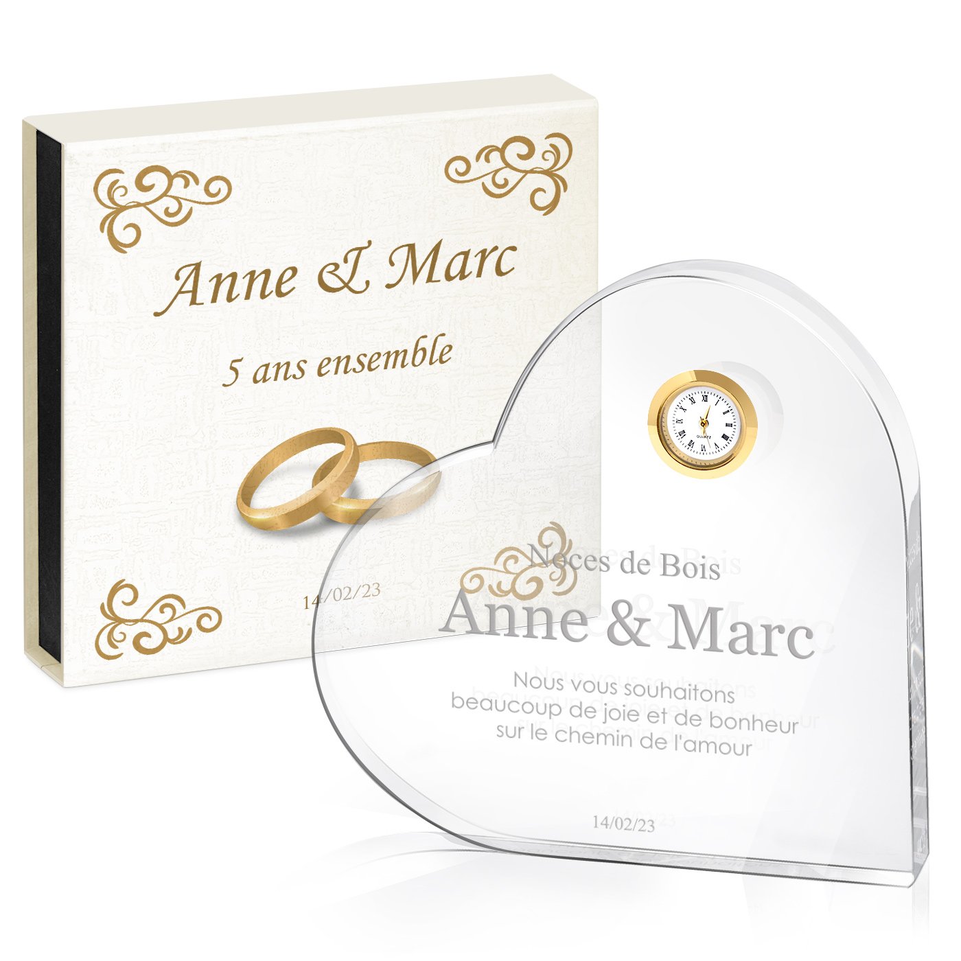Cœur en cristal Murrano avec montre et coffret personnalisé pour couple - 5e anniversaire