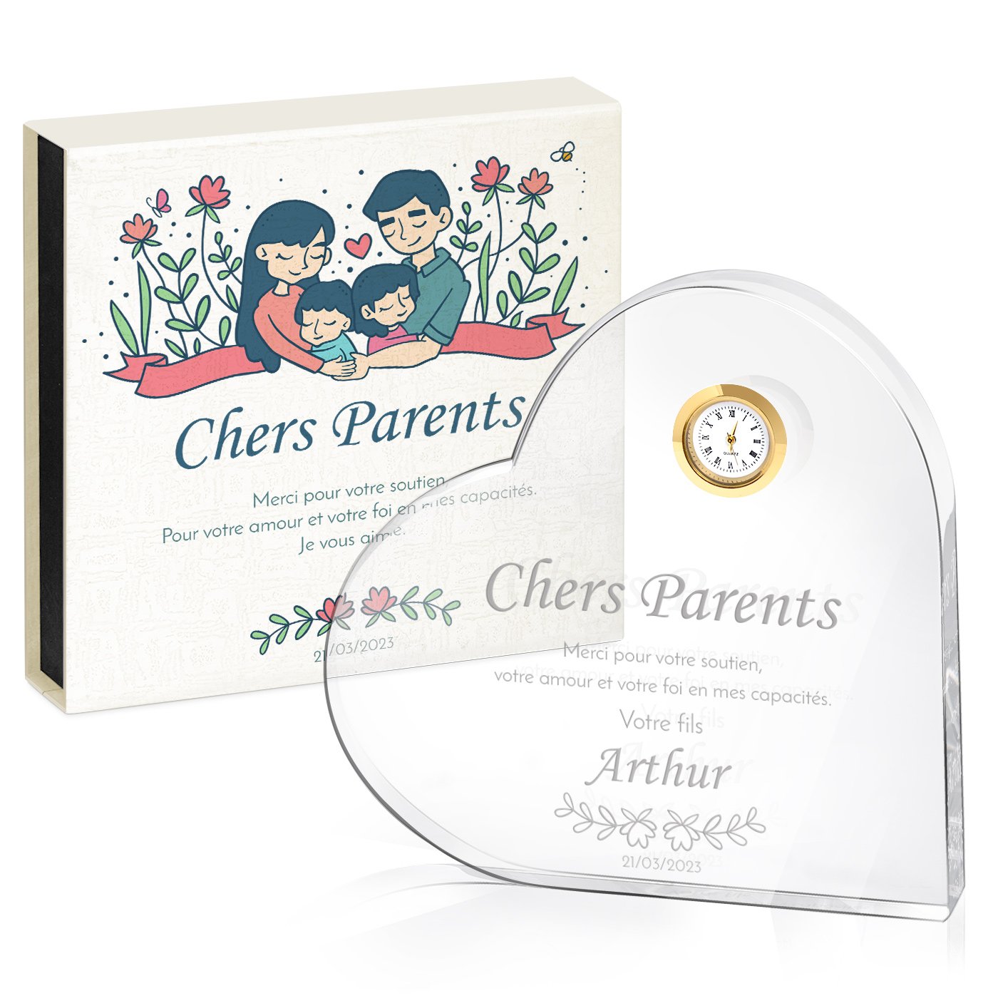 Corazón de cristal Murrano con reloj y caja personalizada para agradecimientos de boda de los padres
