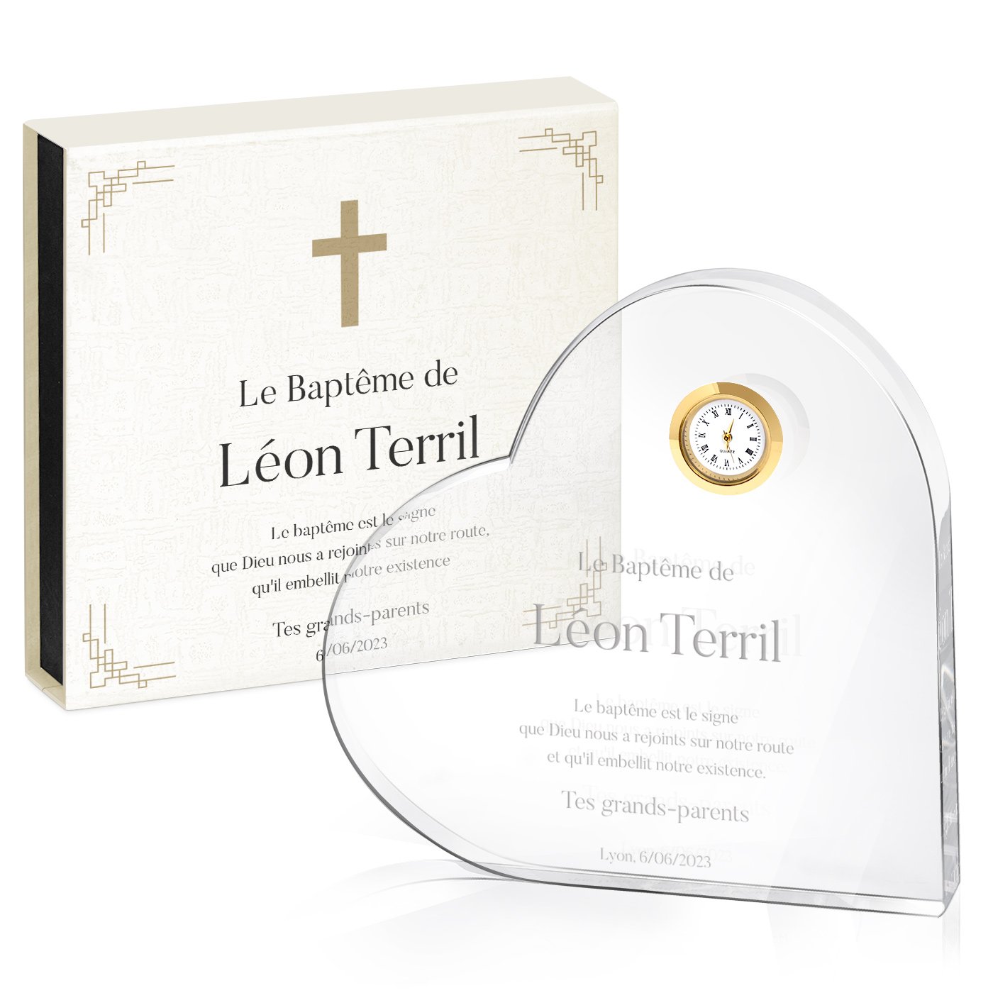 Cœur en cristal Murrano avec montre et gravure dans coffret personnalisé pour petit garçon baptême