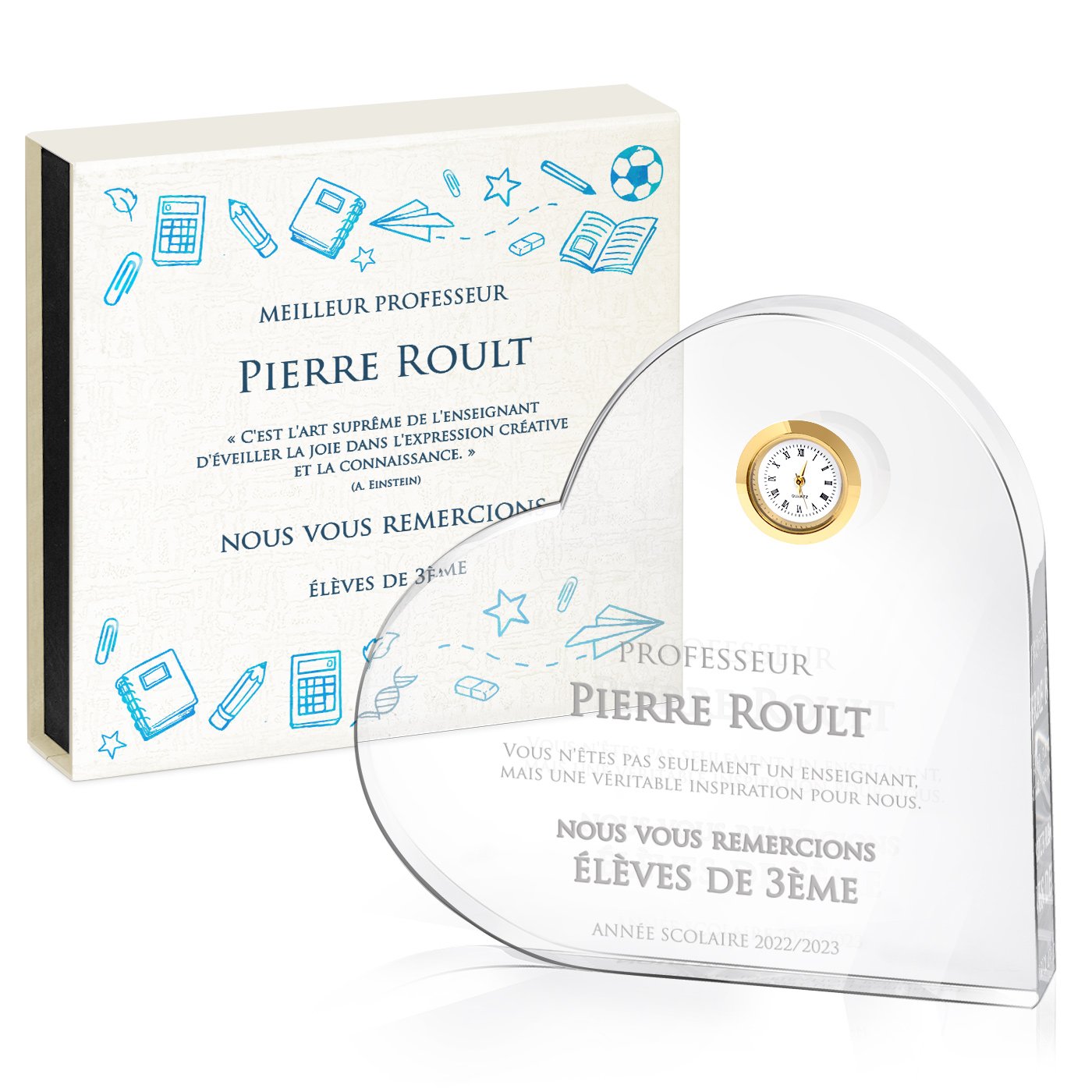Cœur en cristal Murrano avec montre dans coffret personnalisé - Cadeau idéal pour enseignant