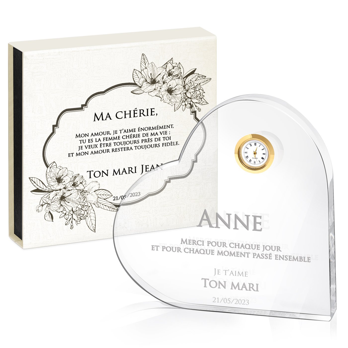 Corazón de cristal Murrano con reloj en caja personalizada para el aniversario de matrimonio de una mujer
