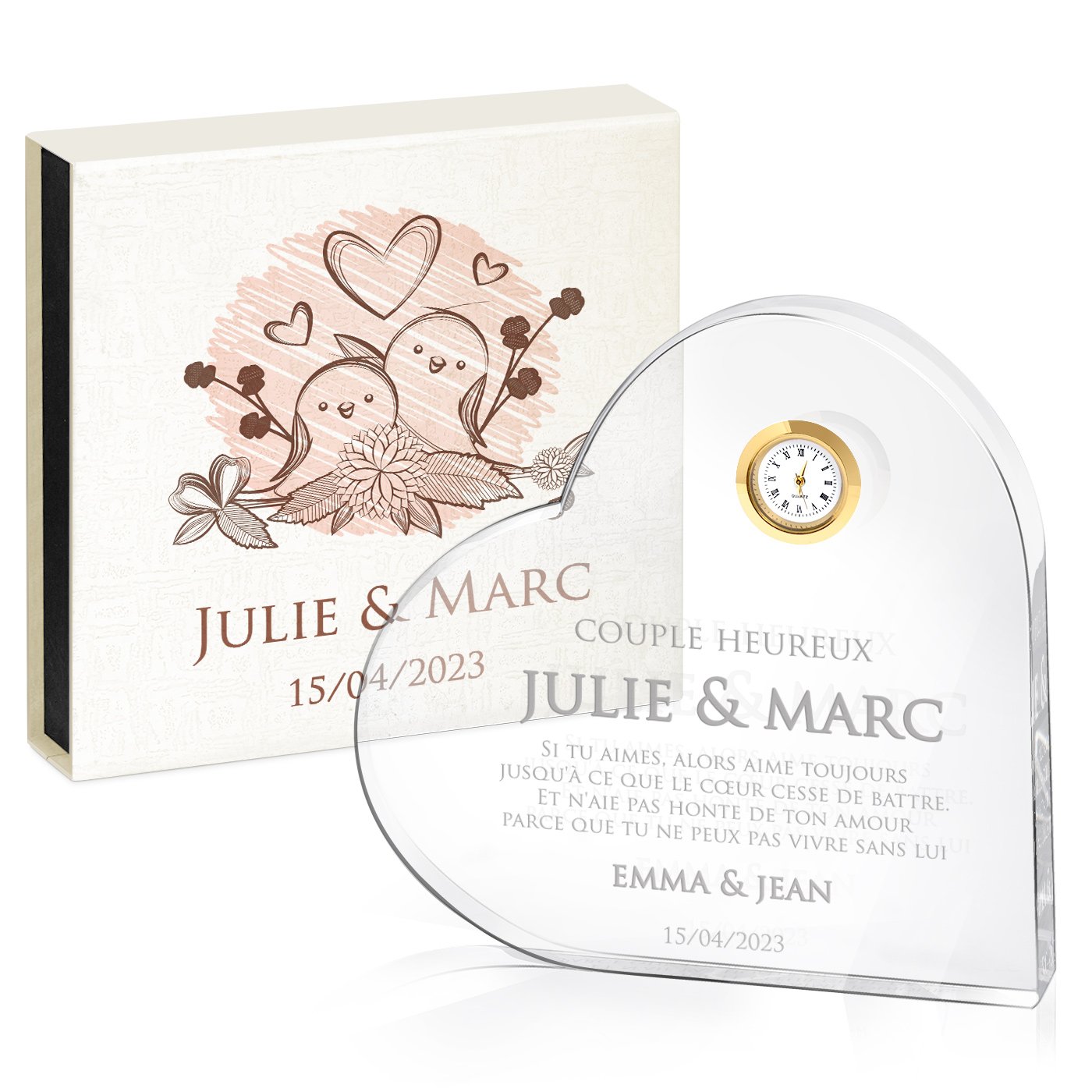 Cœur en cristal Murrano avec montre et coffret personnalisé pour souvenir de mariage couple