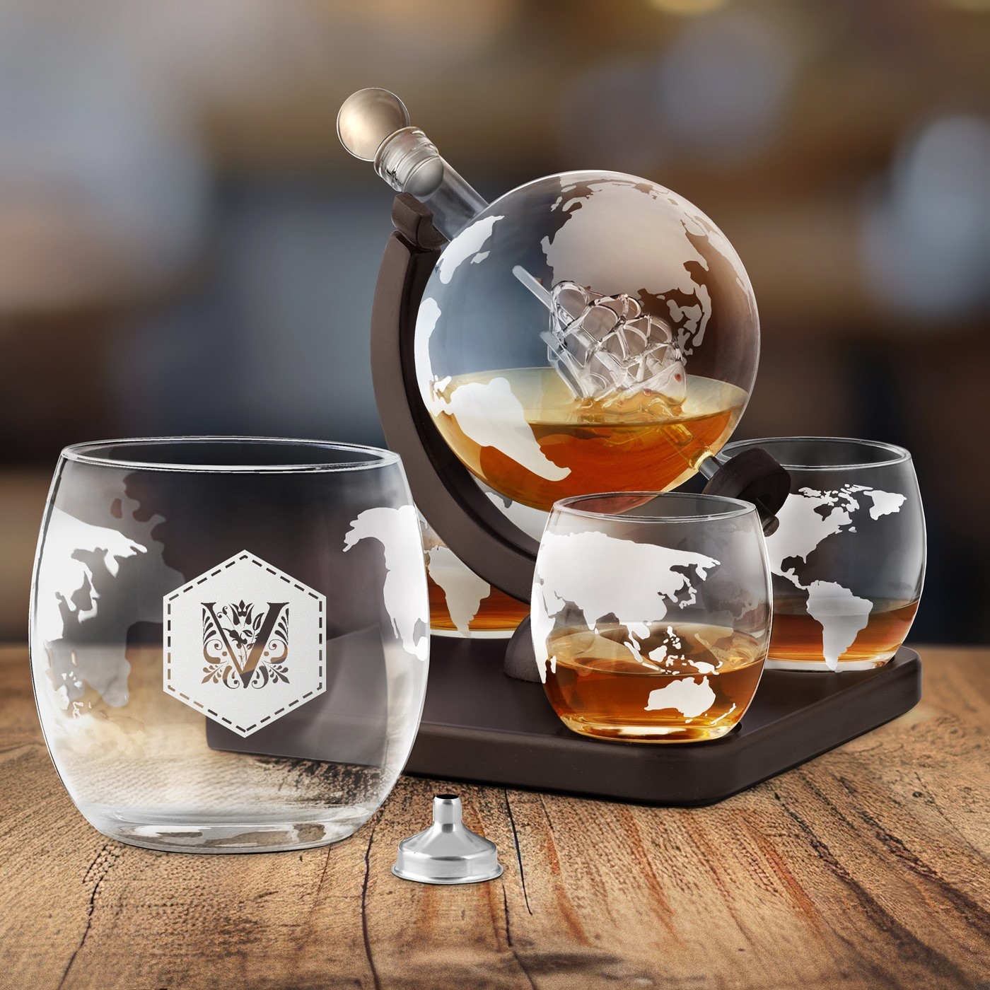 Decantador de whisky Murrano en forma de globo con barco y 4 vasos personalizados