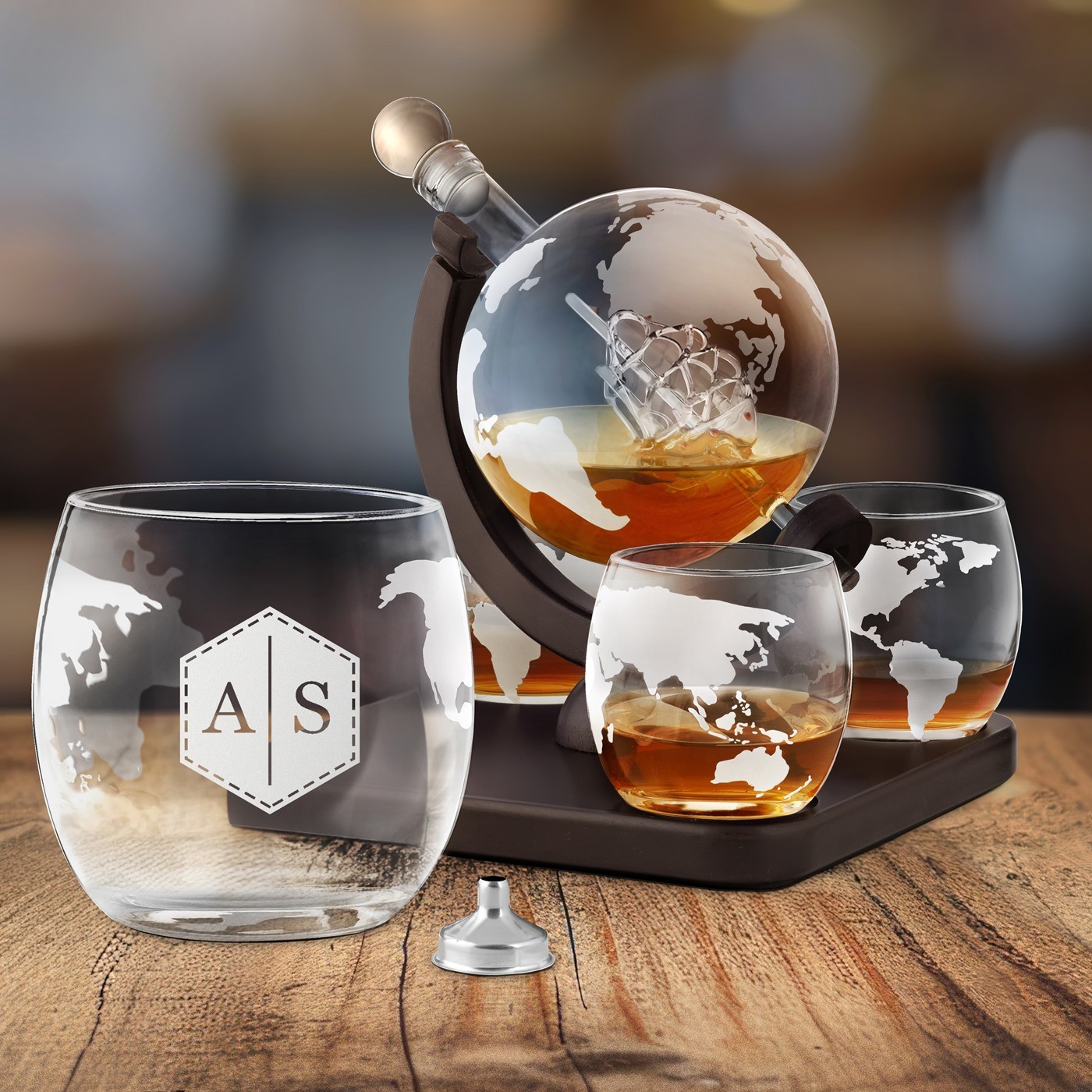 Decantador de whisky Murrano en forma de globo con barco y vasos personalizados para hombres, mujeres o parejas