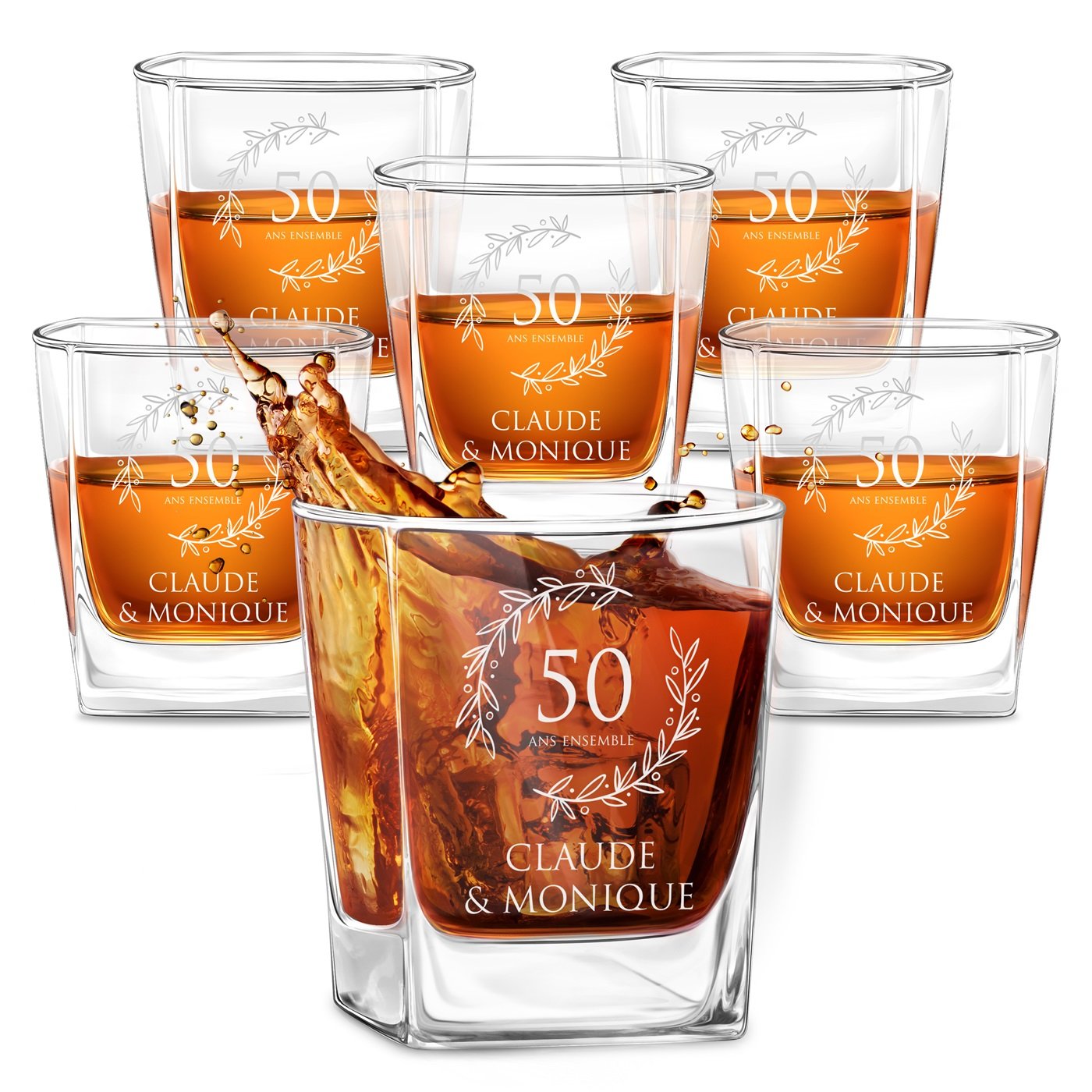 Set de 6 Vasos de Whisky Grabados Murrano para el 50º Aniversario de Bodas