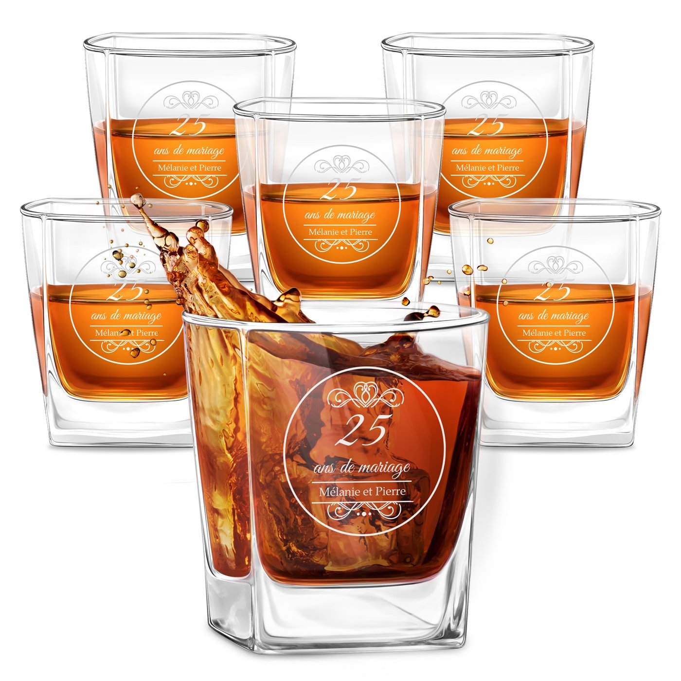 6 Vasos de whisky con grabado para pareja - 25º aniversario de boda