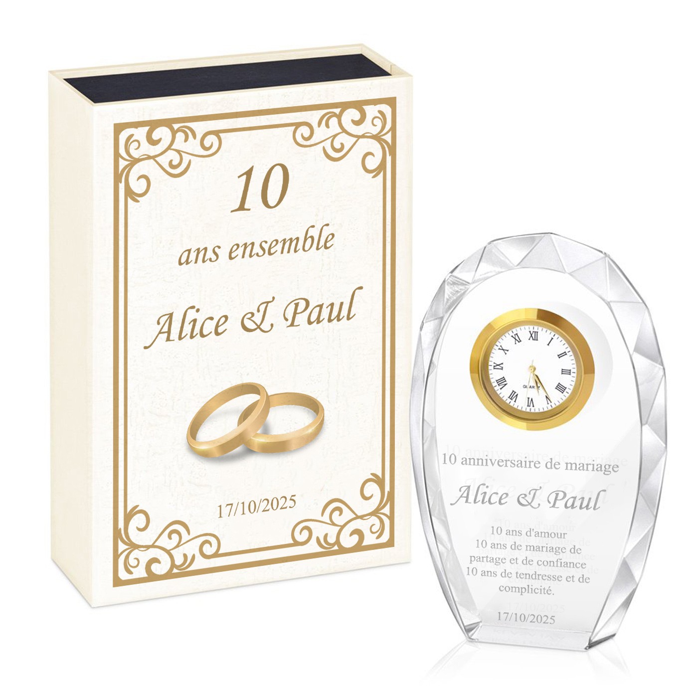 Figurine en cristal de Murrano avec gravure au laser dans une boîte imprimée pour anniversaire de mariage