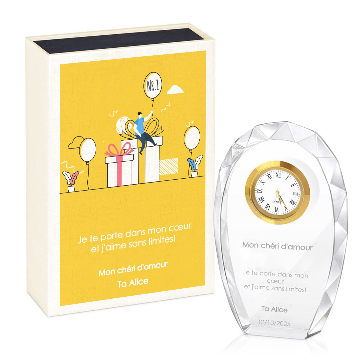 Statuette en cristal Murrano avec gravure dans une boîte imprimée - Cadeau d'anniversaire pour petit ami