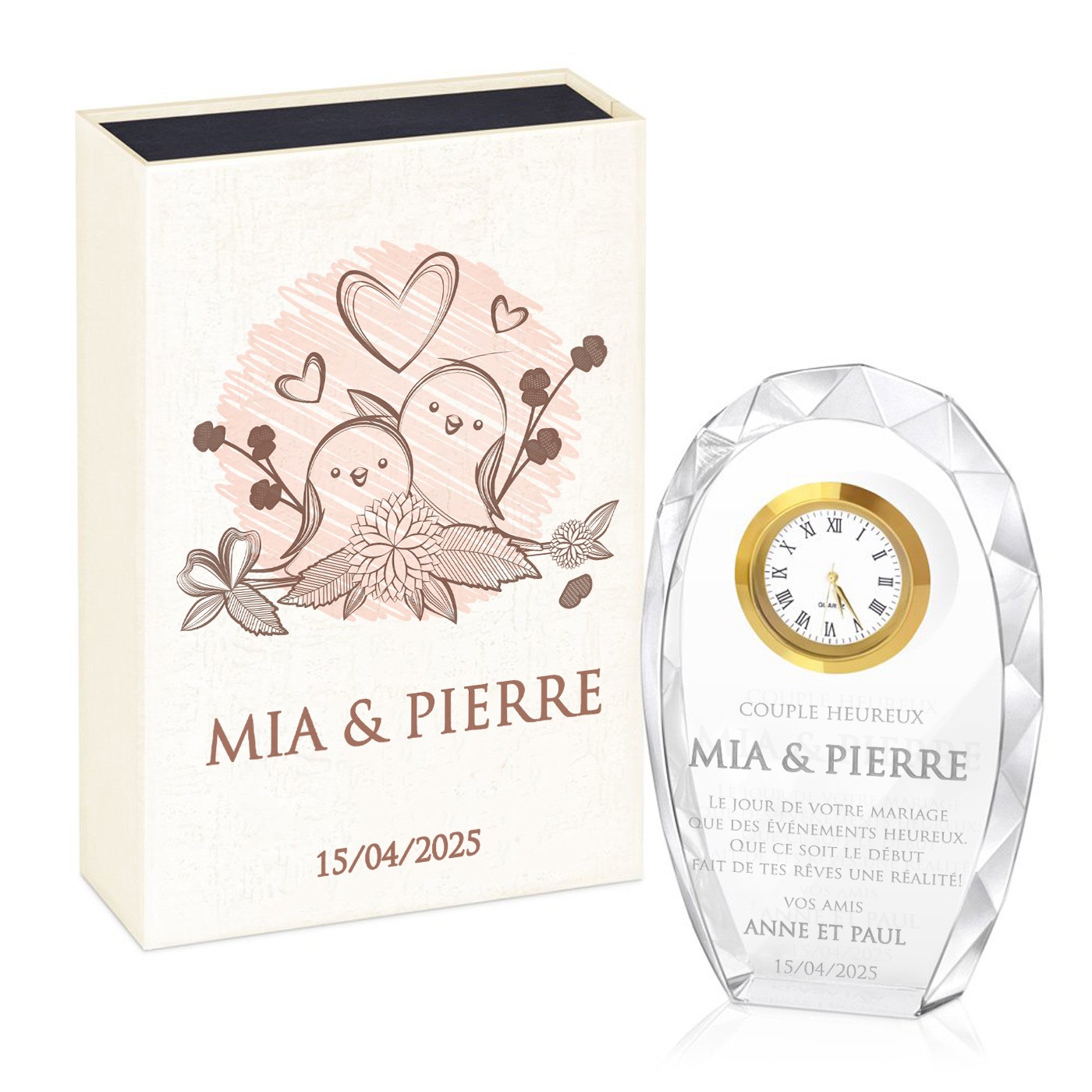 Estatuilla de cristal de Murrano con grabado en caja impresa para pareja de bodas